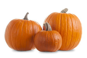 Three Pumpkins Isolated on White Background with Shadow - obrazy, fototapety, plakaty