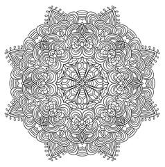 Coloring book page for adults. Mandala with vintage flowers pattern. Zendala. Zentagle. Sacred geometry. Can be used as card, invitation.