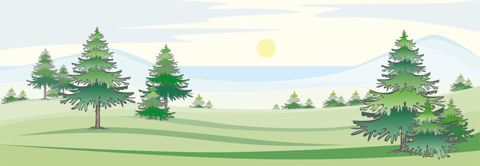 Vektor Illustration einer Landschaft Panorama Blick über Wiesen und Berge auf einen See am Horizont