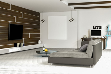 3D Rendering : illustration of white Living room interior design with dark sofa.blank picture frames.shelves and white walls.work space at background.television hanging on a wall