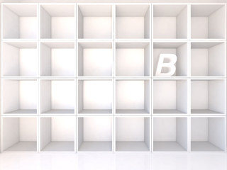 Empty white shelves with B