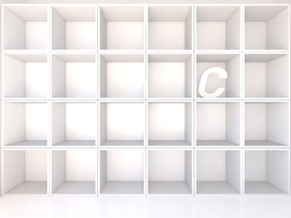 Empty white shelves with C