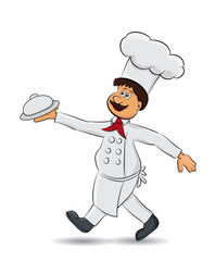 cartoon Chef carrying a covered dinner on right hand, isolated
