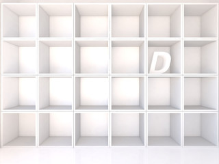 Empty white shelves with D