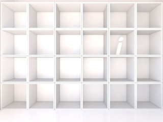 Empty white shelves with I