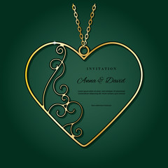 Gold pendant in the shape of heart. Valentine's day template with place for text. For wedding invitations, jewelry advertising.