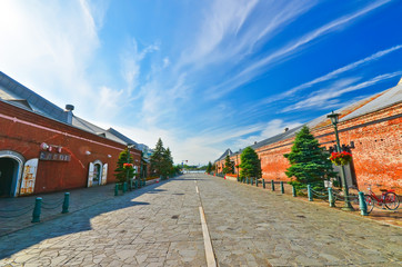 View of the red brick warehouses at the Hakodate port in Hakodate, Hokkaido, Japan