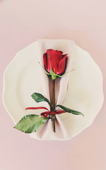 Красная роза на белой тарелке