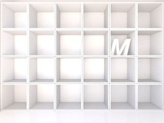 Empty white shelves with M