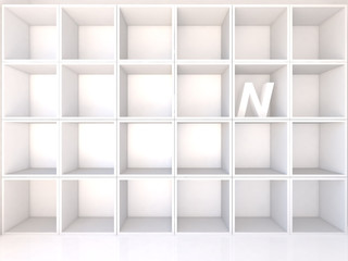 Empty white shelves with N