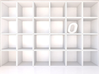 Empty white shelves with O