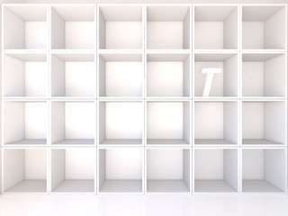 Empty white shelves with T