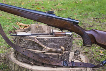 Hunting carabine, bullets and antlers on stumps and outdoors