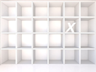 Empty white shelves with X