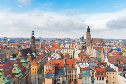 panorama of Wroclaw - bird eye view of colorful roofs of old town, Wroclaw, Poland