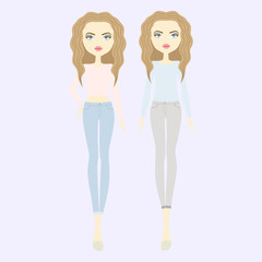  young woman  trendy clothes. Set vector fashion girls.