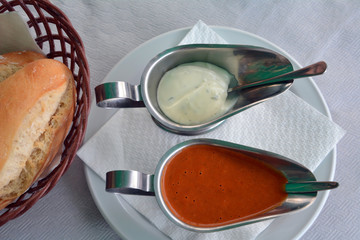 Pepper and alioli spanish delicious sauce on a bowl.