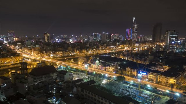 Night time lapse of the skyline of Saigon, or Ho Chi Minh City, in South Vietnam