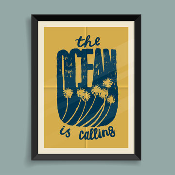 the ocean is calling. ocean and palm-trees poster. vector lettering.