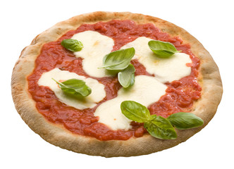 pizza with tomato sauce, mozzarella and basil leaves
