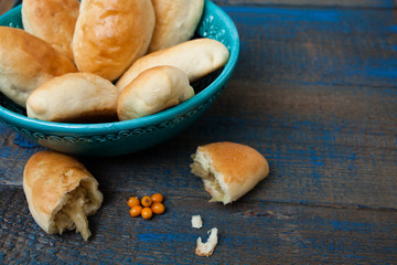 warm Russian pies with different fillings: meat, cabbage and apples. delicious with tea.
