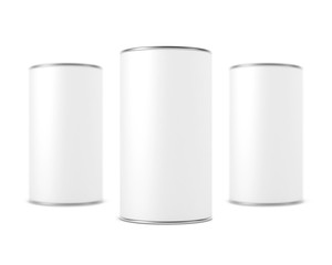Three cylindrical aluminum boxes Mockup. Tin Cans on white, 3d rendering