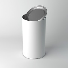 Mockup of white Blank Tin can packaging box with open lid, cover. Tea, coffee, dry products, gift box. 3d rendering