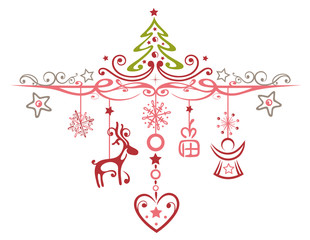 Merry Christmas Dekoration mit Rentier, Engel, Geschenken und Weihnachtsbaum