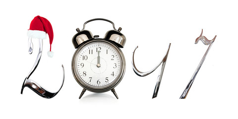 2017, old vintage alarm clock isolated on white background