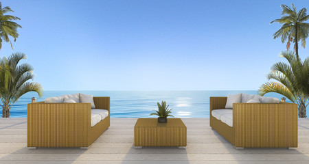 3d rendering beautiful rattan armchair on deck near beach with good atmosphere 