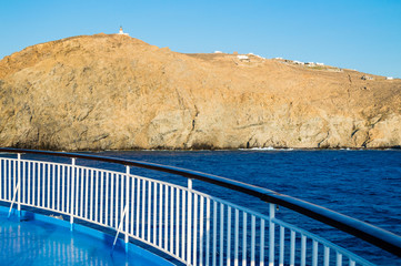 Fence on the cruise ship from Greece to Turkey and islands in the background