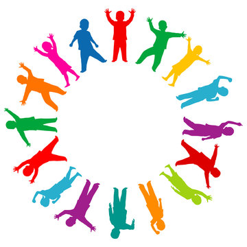 Colored children silhouettes in the circle