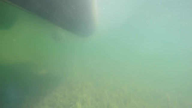 Underwater shot of a pontoon boat on lake
