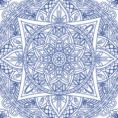 Oriental seamless pattern. Blue outline square Arabic, Indian, American, Moroccan ethnic ornament such as adult coloring book, batik, t-shirt print. Mandala. Vector illustration.