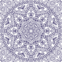 Oriental seamless pattern. Blue outline square Arabic, Indian, American, Moroccan ethnic ornament such as adult coloring book, batik, t-shirt print. Mandala. Vector illustration.