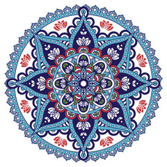 Oriental pattern. Colored round  Arabic, Indian, American, Moroccan ethnic ornament in blue, red and white colors. Adult coloring book. Mandala. Vector illustration.