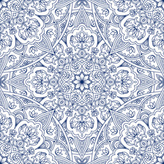 Oriental seamless pattern. Blue outline square Arabic, Indian, American, Moroccan ethnic ornament such as adult coloring book, batik, t-shirt print. Mandala. Vector illustration.
