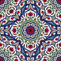 Oriental seamless pattern. Colored square Arabic, Indian, American, Moroccan ethnic ornament in blue, red, white and green colors. Adult coloring book. Wallpaper. Mandala. Kaleidoscope.