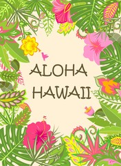 Hawaii summer poster with exotic tropical flowers and leaves