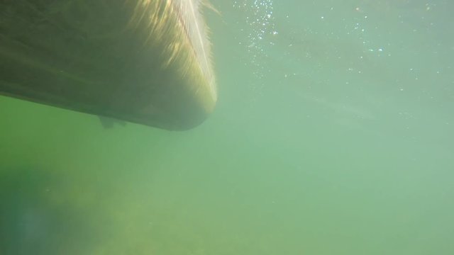 Underwater shot of pontoon boat on lake