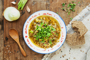 Lentil soup with onion. Top view