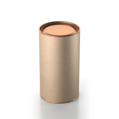 Kraft cardboard Tin Can packaging mockup with metal copper lid. Tea, coffee, dry products, gift box. Place your design. 3d rendering
