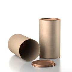 Two kraft cardboard Tin can packaging mockup with metal copper lid. Tea, coffee, dry products, gift box. Place your design. 3d rendering