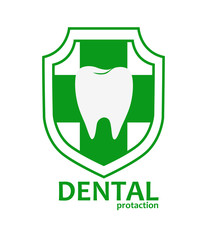 Dental health symbol. Stylized tooth against the shield and cross. Template company logo. Dentistry logotype. Vector illustration. Teeth care.