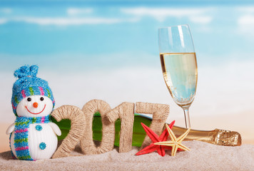 Figures 2017, bottle champagne and glass, snowman, starfish against sea.