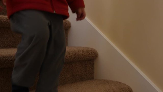 A little boy walking down the stairs in a home
