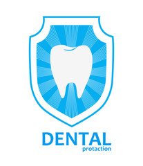 Dental health symbol. Stylized tooth against the shield with sun rays. Template company logo. Dentistry logotype. Vector illustration. Teeth care.