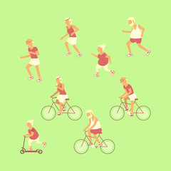 Healthy active lifestyle retiree for grandparents day infographic. Set Elderly people characters jogging and cycling. Sport for grandparents family Seniors isolated. Vector illustration