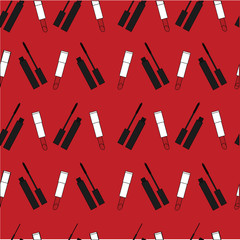 red lipstick. print of lipstick and mascara.