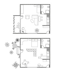 Architecture plan with furniture in top view of 1-rooms apartment with balcony or terrace. Modern interiors. Set of different variants of studio-apartment